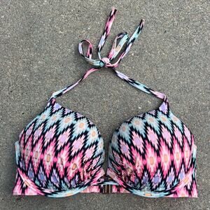 Victoria’s Secret 34D Bombshell 2 Cup Push Up Halter Bikini Top Neon Aztec
